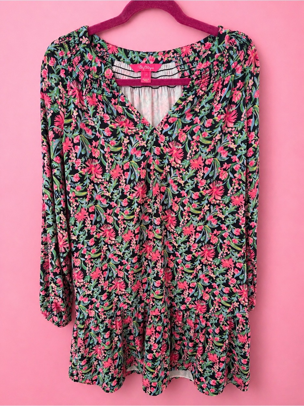 Lilly Pulitzer Black Floral Tunic Dress with Pink and Green Print